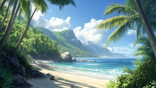 Tropical Coastal Valley with Palm-Framed Beach and Turquoise Waters
