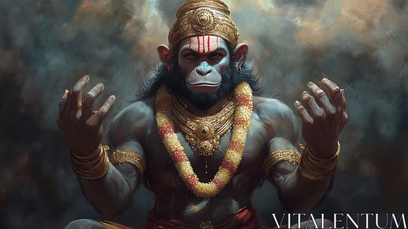 Simian deity figure with ornaments in frontal seated pose.