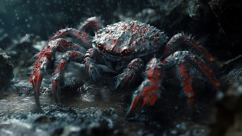 Stormlit tidepool crab braving rain in a rocky cove.