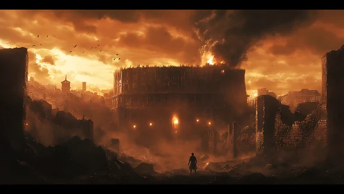 Lone figure faces burning fortress in ruined city at dusk.