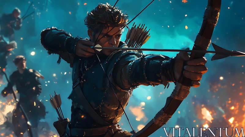 Heroic archer draws flaming bow amid cinematic battle light.