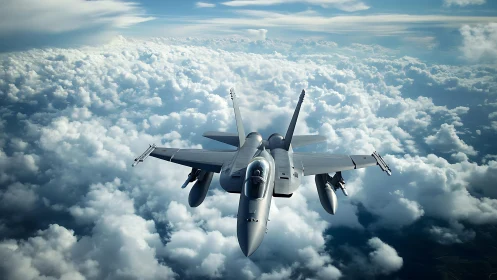 Jet fighter cuts through dense clouds at high altitude.