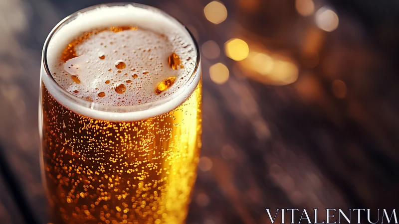 Photorealistic close-up of effervescent golden beer glass.