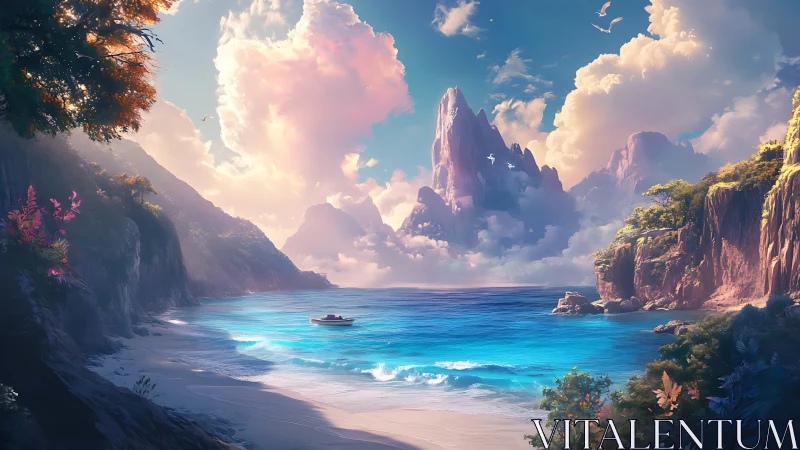 Fantastical Coastal Sanctuary: Rendered Landscape with Crystalline Waters.