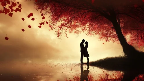 Silhouetted Lovers Beneath Crimson Autumn's Glow.
