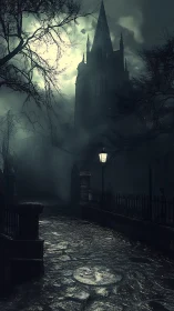 Gothic church towers above misty cobblestone path at night.