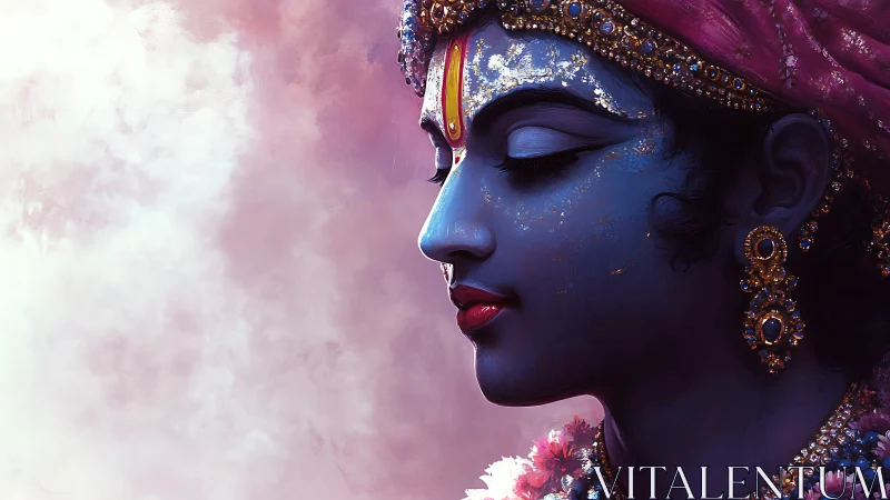 Blue-skinned deity profile portrait with jeweled adornments