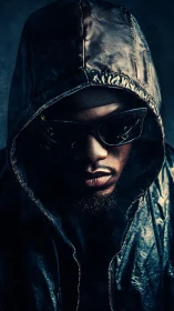 Hooded figure in dramatic low-key lighting with reflective jacket