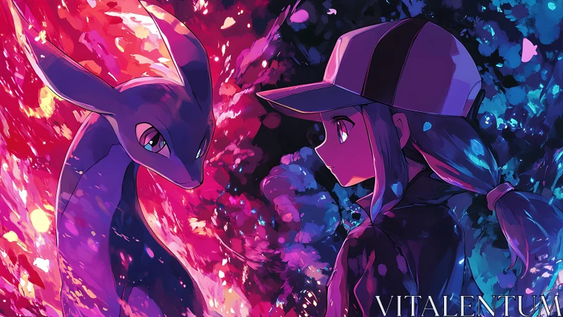 Trainer and dragon share a vivid neon dreamscape moment.