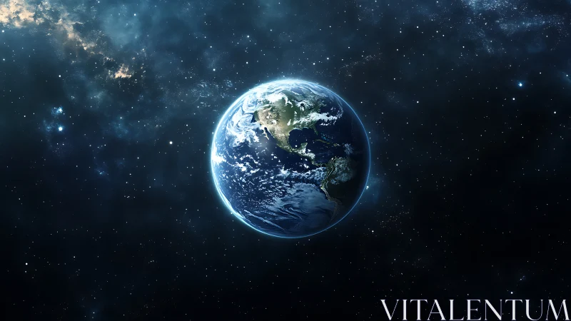 Planet Earth centered in deep space star field panorama.