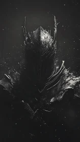 Midnight warlord rising from splintered shadowed armor.