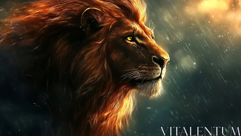 Majestic lion gazes into stormlight with fierce, calm resolve