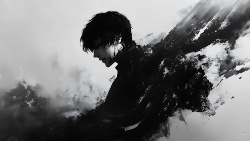 Silhouetted figure dissolves into abstract black brush strokes