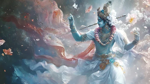 Divine blue figure dances in celestial blossoms and light.