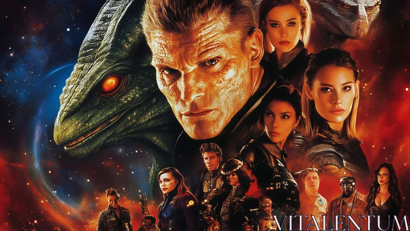 Cinematic sci‑fi montage unites human cast with reptilian alien presence