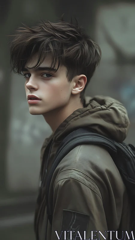 Urban portrait of hooded youth in shallow depth-of-field study.