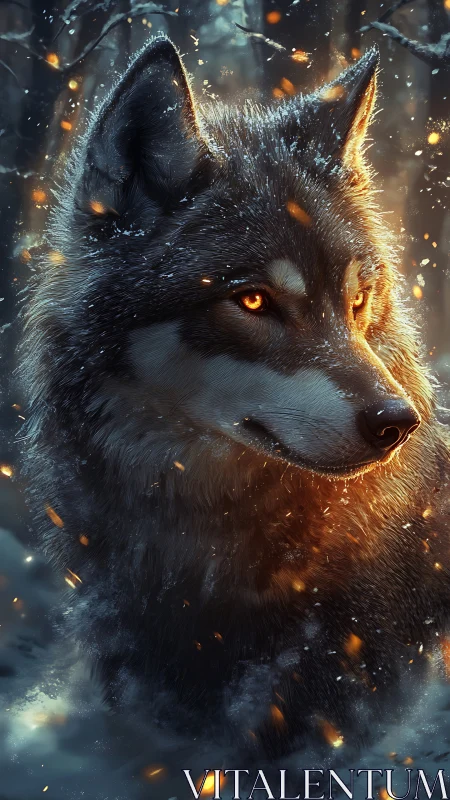 Ember-eyed winter wolf listens for distant cracking stars