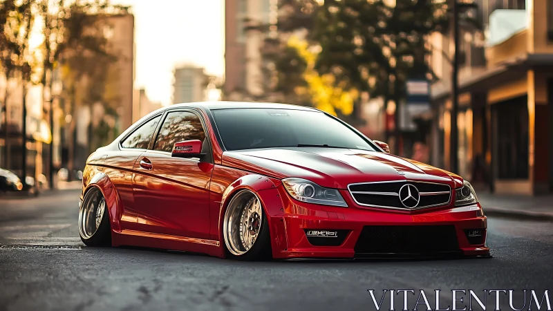 Stanced red Mercedes coupe sits low on empty city street