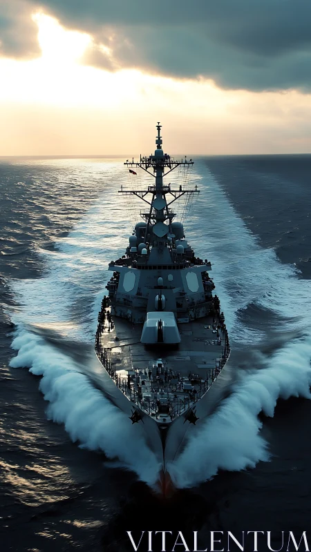 Sunlit destroyer carving a bold path through stormy seas.