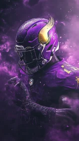 Purple football warrior emerges from swirling smoke storm.