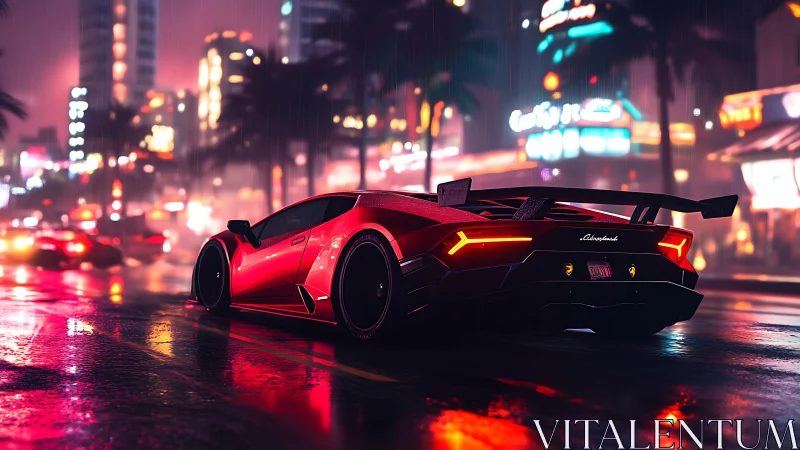 Cyberpunk supercar on neon soaked rain slicked boulevard at night