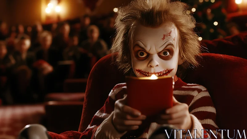 Sinister child in theater seat reads by eerie candle glow.