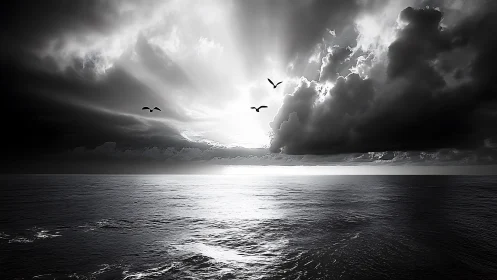 Monochrome seascape with dramatic backlit storm clouds.
