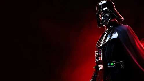 Dark armored sci fi villain on red backlit void.