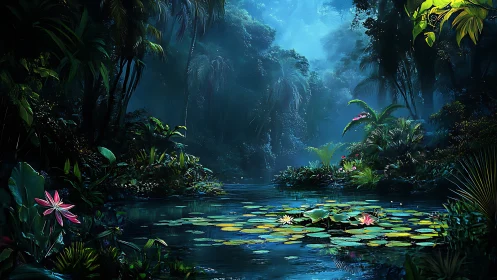 Mystic blue rainforest lagoon with luminous lily pads at dusk.