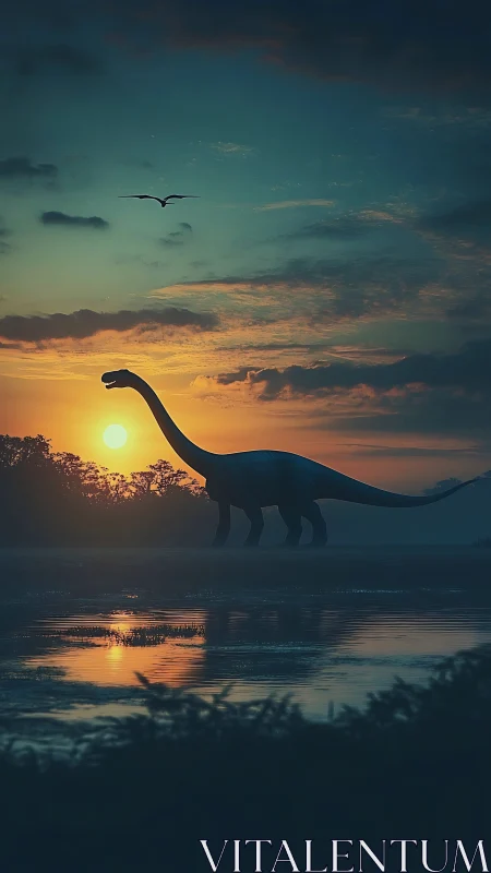 Silhouetted sauropod crosses misty lake against dramatic sunset