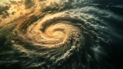 Golden cyclone eye swirling within turbulent storm clouds.