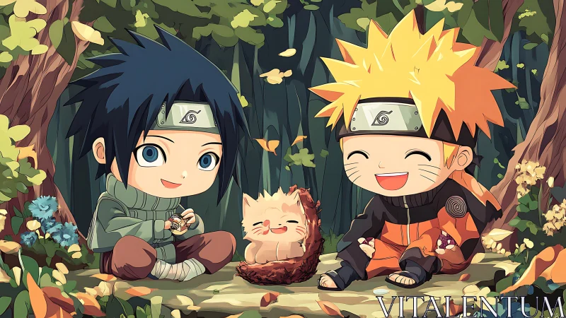 Tiny ninja legends trade snacks beneath whispering leaves