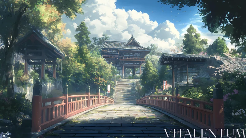 Digital painting of tranquil temple garden with arched bridge.