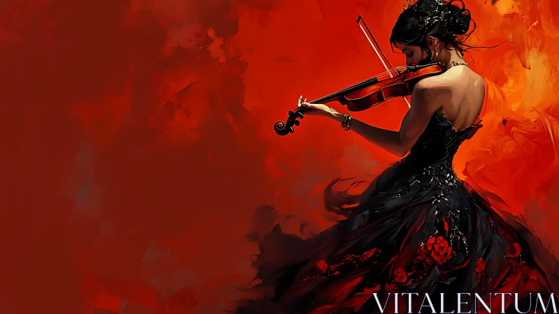 Violinist in black gown performs against blazing red backdrop.