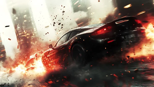 High-velocity supercar drift through incendiary urban debris.