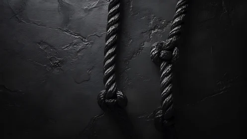 Braided black marine rope knots on textured dark substrate.