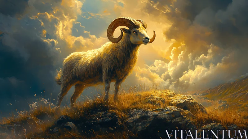 Mountain ram in dramatic backlit storm cloud landscape