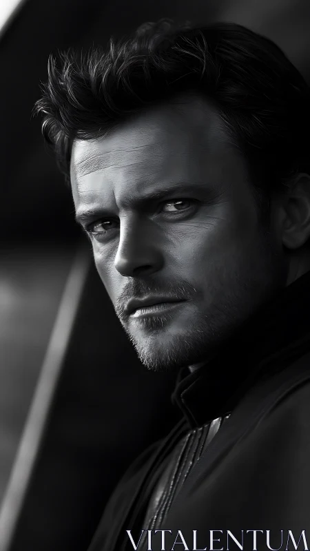 Monochrome male portrait with cinematic chiaroscuro lighting.