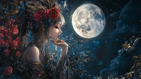 Moonlit flower crowned dreamer in a quiet, starry night.