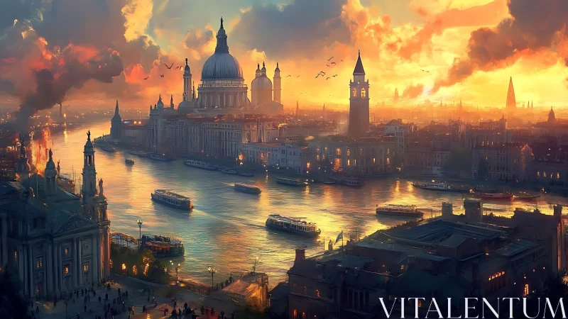 Sunlit river cityscape shows domes, towers and boats at dusk
