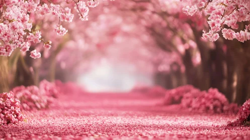 Cherry Blossom Path Through Pink Forest Tunnel.