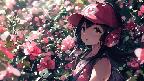 Girl in red cap among dense pink flowering shrubs.