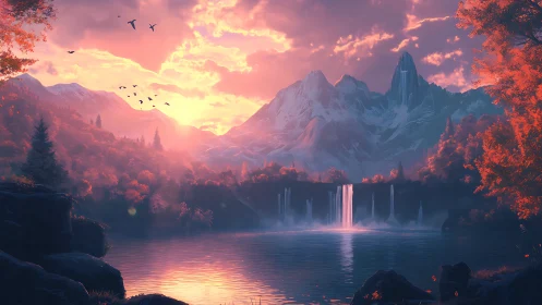 Digital landscape shows lake, waterfalls and distant mountains