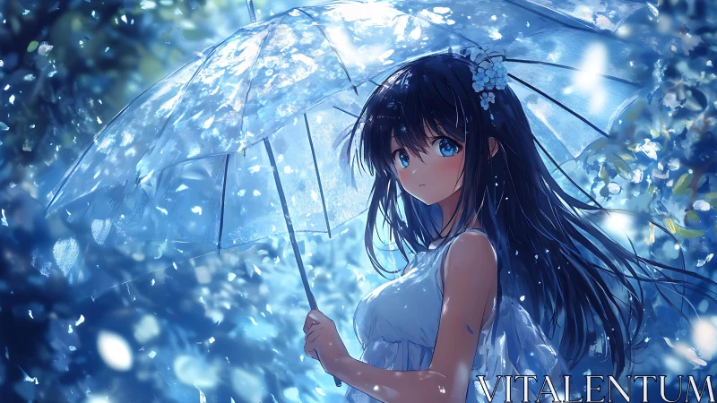 Rain-kissed anime girl stands beneath a glowing blue umbrella.