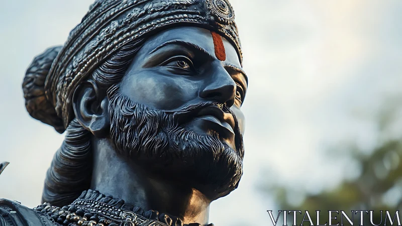 Bronze warrior statue portrait with detailed headgear