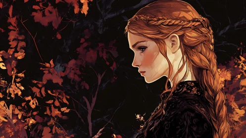 Autumn-haired dreamer gazing softly into the twilight woods.