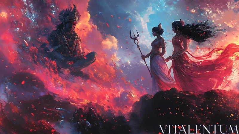 Divine figures stand before meditating deity in fiery clouds