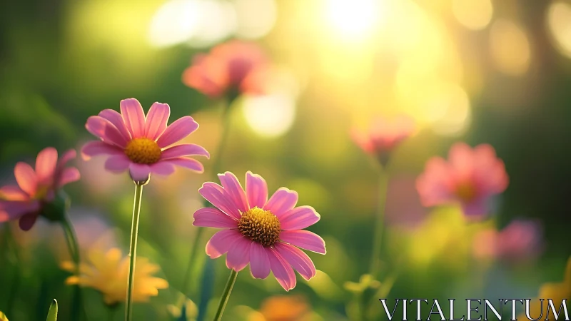 Magenta Daisies Dancing in Golden Hour Glow.