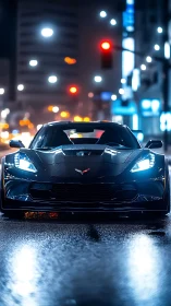 Low-angle wet-street study of sports coupe with LED headlamps