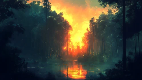 Forest Gateway at Golden Hour: Nature's Radiant Path.